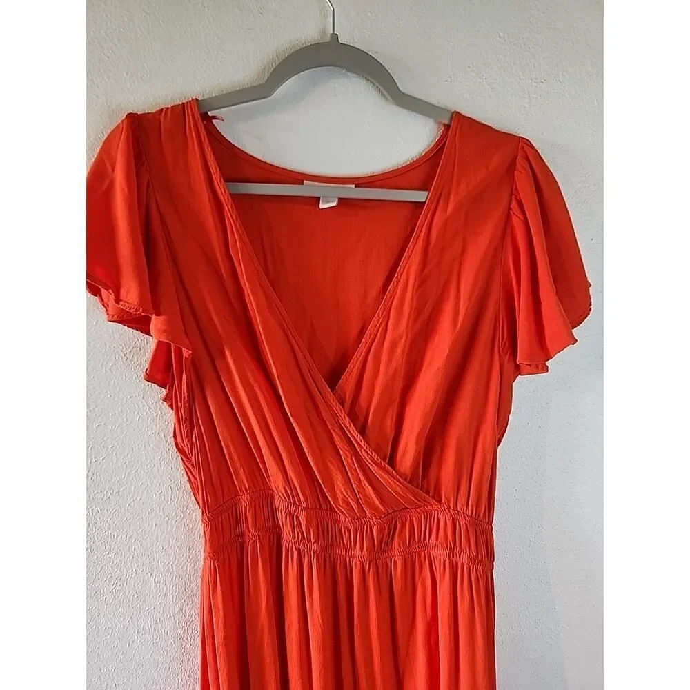Knox Rose Women's M Orange V Neck Flutter Sleeve Maxi For Petite Flowy